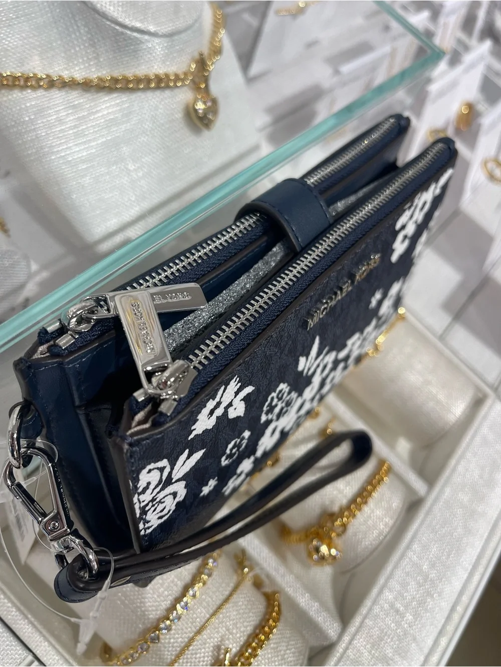 MICHAEL KORS JST Lg Double Zip Printed Signature Logo Wristlet Wallet  Admiral N